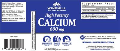 Photo of the Windmill Natural Vitamins High Potency Calcium 600 mg label