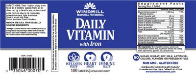 Photo of the Windmill Natural Vitamins Daily Vitamin with Iron label