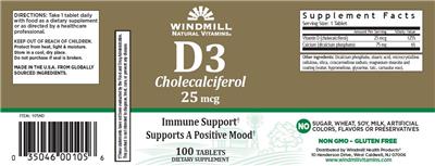 Photo of the Windmill Natural Vitamins D3 Cholecalciferol 25 mcg label