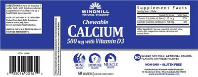 Photo of the Windmill Natural Vitamins Chewable Calcium 500 mg with Vitamin D3 label