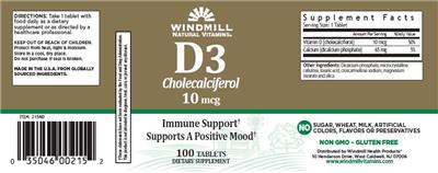 Photo of the Windmill Natural Vitamins D3 Cholecalciferol 10 mcg label