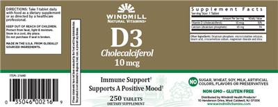 Photo of the Windmill Natural Vitamins D3 Cholecalciferol 10 mcg label