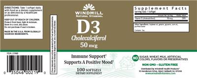 Photo of the Windmill Natural Vitamins D3 Cholecalciferol 50 mcg label