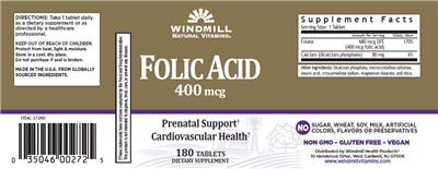 Photo of the Windmill Natural Vitamins Folic Acid 400 mcg label