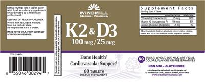 Photo of the Windmill Natural Vitamins K2 100 mcg & D3 25 mcg label