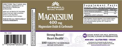 Photo of the Windmill Natural Vitamins Magnesium 400 mg label