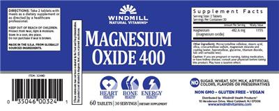 Photo of the Windmill Natural Vitamins Magnesium Oxide 400 label