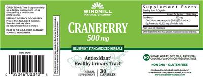Photo of the Windmill Natural Vitamins Cranberry 500 mg label