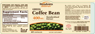 Photo of the Sundown Naturals Green Coffee Bean 400 mg Standardized Extract label