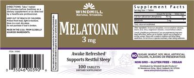 Photo of the Windmill Natural Vitamins Melatonin 3 mg label