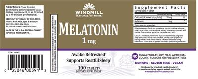 Photo of the Windmill Natural Vitamins Melatonin 1 mg label