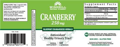 Photo of the Windmill Natural Vitamins Cranberry 250 mg label