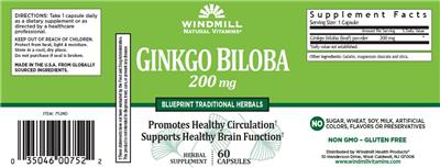Photo of the Windmill Natural Vitamins Ginkgo biloba 200 mg label