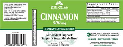 Photo of the Windmill Natural Vitamins Cinnamon 500 mg label