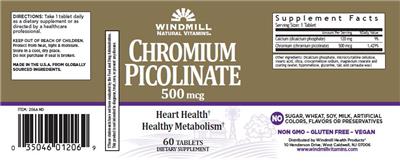 Photo of the Windmill Natural Vitamins Chromium Picolinate 500 mcg label