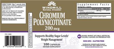 Photo of the Windmill Natural Vitamins Chromium Polynicotinate 200 mcg label