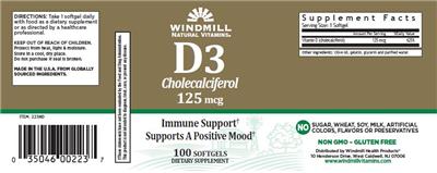 Photo of the Windmill Natural Vitamins D3 Cholecalciferol 125 mcg label