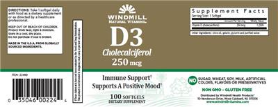 Photo of the Windmill Natural Vitamins D3 Cholecalciferol 250 mcg label
