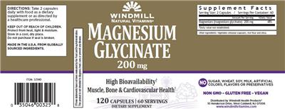 Photo of the Windmill Natural Vitamins Magnesium Glycinate 200 mg label