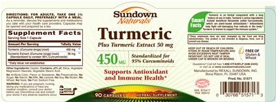 Product label for Turmeric 450 mg Plus Turmeric Extract 50 mg