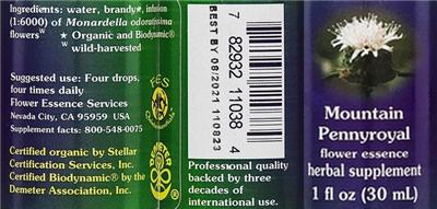 Photo of the Flower Essence Services Mountain Pennyroyal Flower Essence label