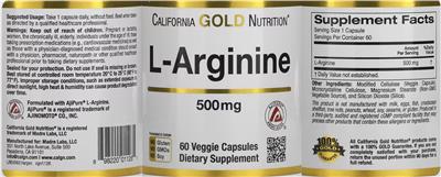 Photo of the California Gold Nutrition L-Arginine 500 mg label