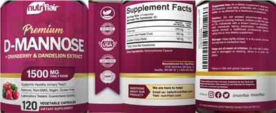 Photo of the NutriFlair D-Mannose + Cranberry & Dandelion Extract 1500 mg label