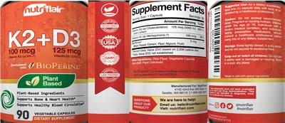 Photo of the NutriFlair K2 100 mcg + D3 125 mcg (5000 IU) label