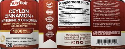 Photo of the NutriFlair Ceylon Cinnamon + Berberine & Chromium label