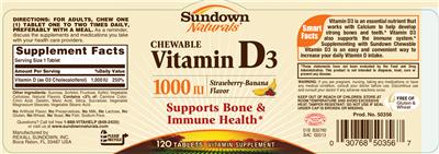 Photo of the Sundown Naturals Chewable Vitamin D3 1000 IU Strawberry-Banana Flavor label