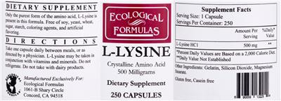 Photo of the Ecological Formulas L-Lysine 500 mg label