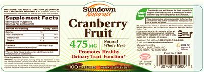 Photo of the Sundown Naturals Cranberry Fruit 475 mg label