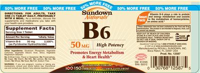 Photo of the Sundown Naturals B6 50 mg label