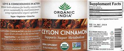 Photo of the Organic India Ceylon Cinnamon label