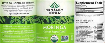 Photo of the Organic India Moringa label