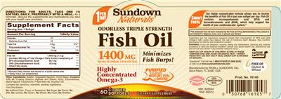 Photo of the Sundown Naturals Odorless Triple Strength Fish Oil 1400 mg label