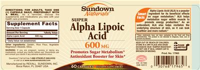 Photo of the Sundown Naturals Super Alpha Lipoic Acid 600 mg label