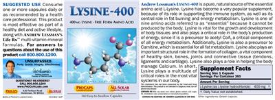 Photo of the ProCaps Laboratories Lysine-400 label