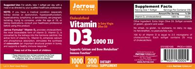Photo of the Jarrow Formulas Vitamin D3 1000 IU label