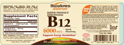 Photo of the Sundown Naturals Super Potency Sublingual B12 6000 mcg label