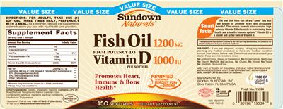 Photo of the Sundown Naturals Fish Oil 1200 mg Vitamin D3 1000 IU label