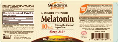 Photo of the Sundown Naturals Maximum Strength Melatonin 10 mg label