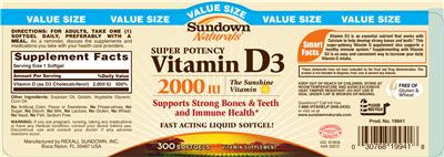 Photo of the Sundown Naturals Super Potency Vitamin D3 2000 IU label