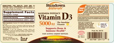 Photo of the Sundown Naturals Maximum Potency Vitamin D3 5000 IU label