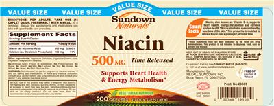 Photo of the Sundown Naturals Niacin 500 mg Timed Release label