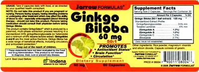 Photo of the Jarrow Formulas Ginkgo Biloba 60 mg 50:1 label