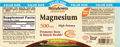 Photo of the Sundown Naturals Magnesium 500 mg label