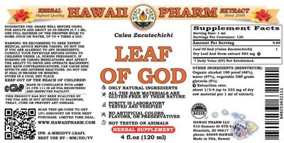 Product label for Leaf of God