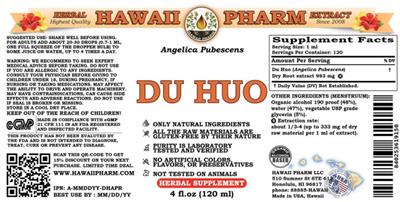 Photo of the Hawaii Pharm Du Huo label