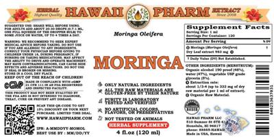 Photo of the Hawaii Pharm Moringa label